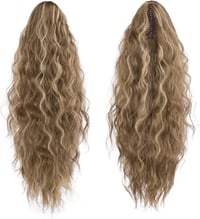 Extensie de păr coadă de cal cu clemă FESHFEN, 30 inch, ondulată, sintetică, șuvițe maro deschis și blond pentru femei 2