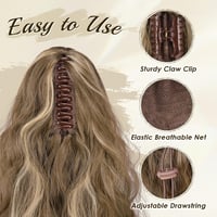 Extensie de păr coadă de cal cu clemă FESHFEN, 30 inch, ondulată, sintetică, șuvițe maro deschis și blond pentru femei 3