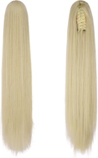 FESHFEN Extensie coadă de cal cu clips 63 cm, blond cenușiu, drept, lung, pentru femei 2
