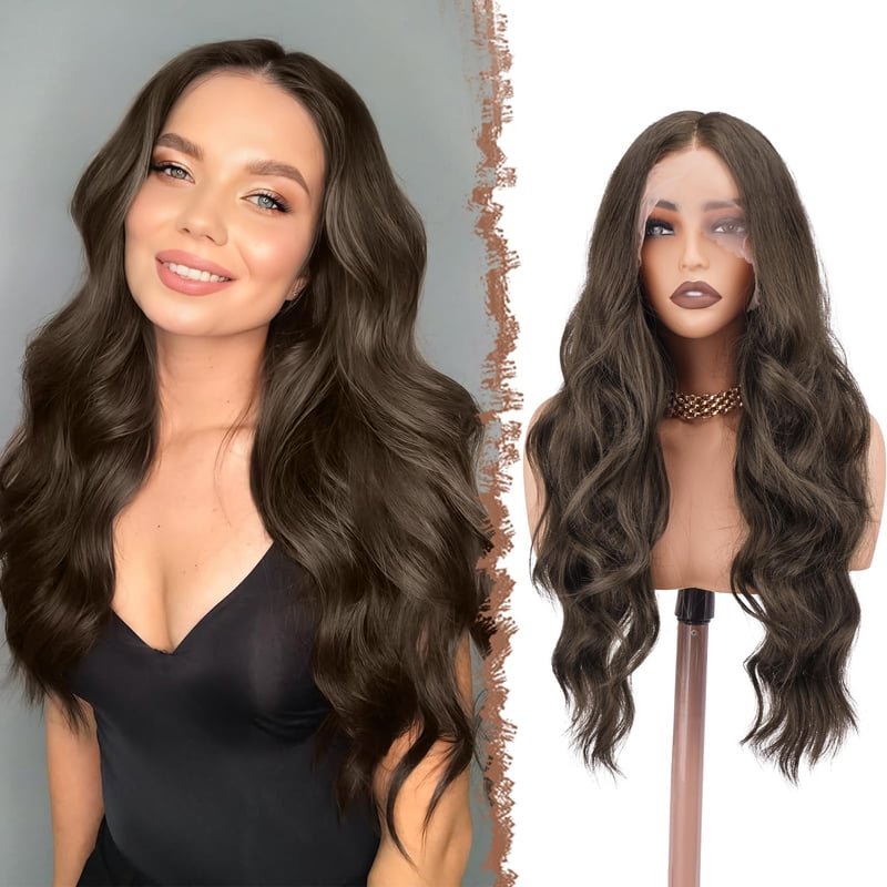 Perucă Lace Front FESHFEN – Păr sintetic lung, ondulat și creț, dantelă HD, șaten mediu, 70 cm, pentru femei