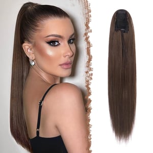 Extensie coadă de cal FESHFEN pentru femei cu șnur, sintetică, dreaptă, 70 cm, maro deschis