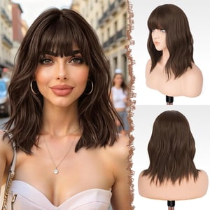 Perucă sintetică FESHFEN tip bob scurt ondulat, șaten mixt, cu breton, pentru femei, 35 cm, pentru utilizare zilnică, petreceri, cosplay