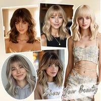 Perucă sintetică FESHFEN tip bob scurt ondulat, șaten mixt, cu breton, pentru femei, 35 cm, pentru utilizare zilnică, petreceri, cosplay 6