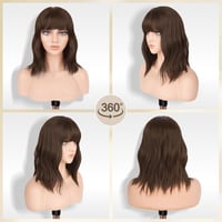 Perucă sintetică FESHFEN tip bob scurt ondulat, șaten mixt, cu breton, pentru femei, 35 cm, pentru utilizare zilnică, petreceri, cosplay 2