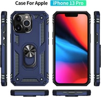 Fetrim iPhone 13 Pro Ütésálló Tok Forgatható Gyűrűs Állvánnyal - TPU és Polikarbonát Védőtok Mágnesezhető Hátlappal, Tengerészkék 4