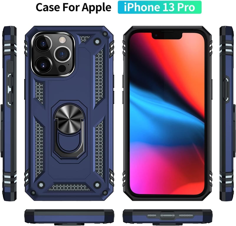 Fetrim iPhone 13 Pro Ütésálló Tok Forgatható Gyűrűs Állvánnyal - TPU és Polikarbonát Védőtok Mágnesezhető Hátlappal, Tengerészkék