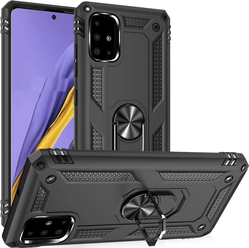 Fetrim Samsung Galaxy A51 4G Tok - Dupla Rétegű Ütésálló Védőtok Forgatható Gyűrűs Állvánnyal, Fekete