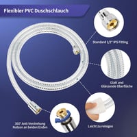 FEVONE 1,5m Átlátszó Zuhanytömlő Ezüst Fóliával - PVC Zuhanycső Sárgaréz Csatlakozókkal, Univerzális 1/2" Csatlakozás, Csavarodásmentes 3