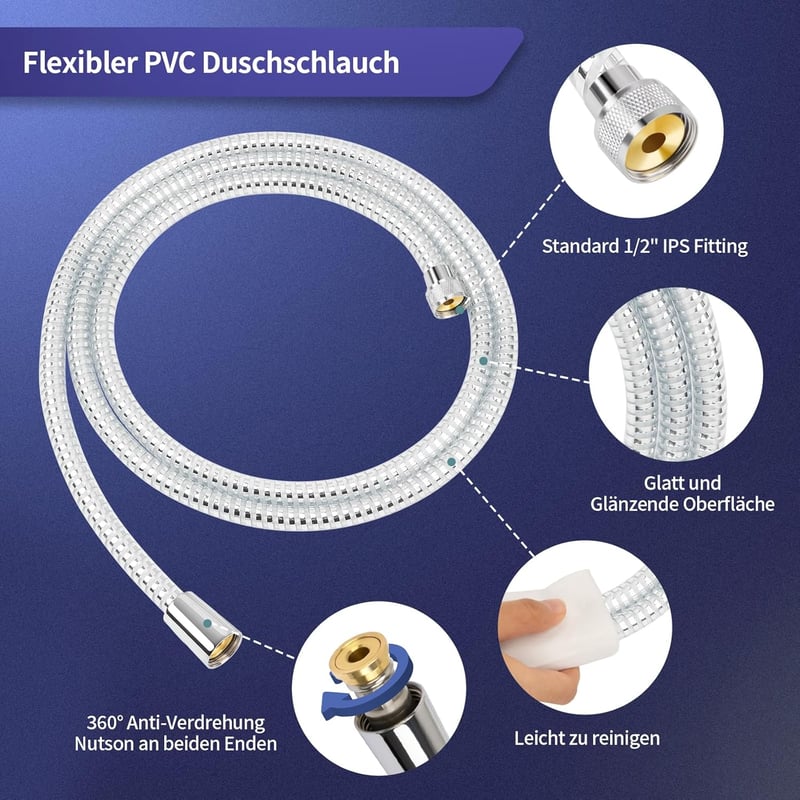 FEVONE 1,5m Átlátszó Zuhanytömlő Ezüst Fóliával - PVC Zuhanycső Sárgaréz Csatlakozókkal, Univerzális 1/2" Csatlakozás, Csavarodásmentes