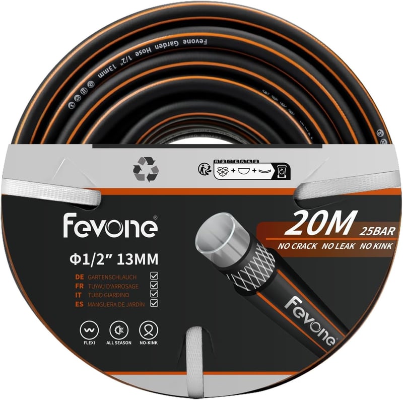 Fevone 20m Kerti Tömlő 1/2" 25 Bar Rugalmas Erős Csavarodásmentes - 20m, Without accessories