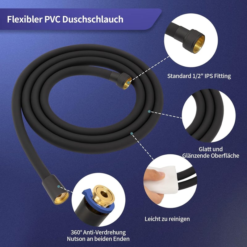 FEVONE Fekete Zuhanytömlő 175 cm - Sima PVC Zuhanycső Sárgaréz Csatlakozókkal, Univerzális 1/2" Csatlakozás, Csavarodásmentes, Szivárgásbizt