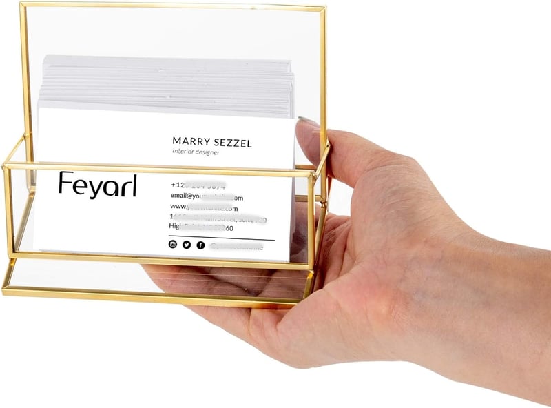 Feyarl Üveg Névjegytartó Arany Kerettel - Elegáns Asztali Kártyatartó 50 Névjegykártyához Irodába, Recepcióra, Otthoni Munkához