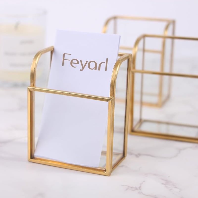 Feyarl Üzleti Névjegytartó - Elegáns Üveg-Fém Asztali Kártyatartó Arany Szegéllyel, 50 Névjegykártya Tárolására, Irodai Recepcióra