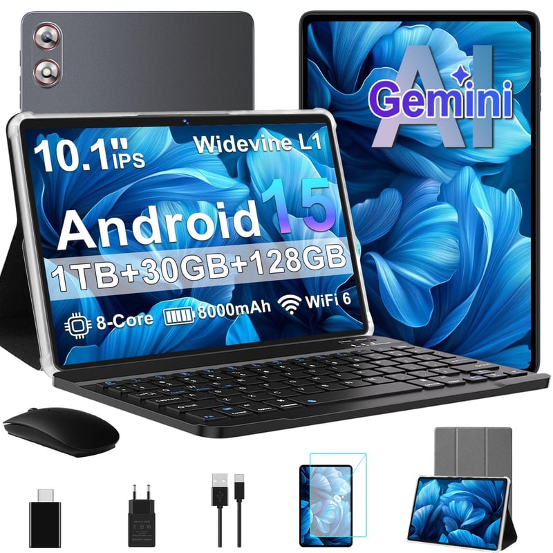 Tablet Fezawio 10,1" Android 15, 30 GB RAM, 128 GB ROM, osemjadrový procesor, Gemini AI, WiFi 6, 8000 mAh, Widevine L1, s klávesnicou, myšou a puzdrom