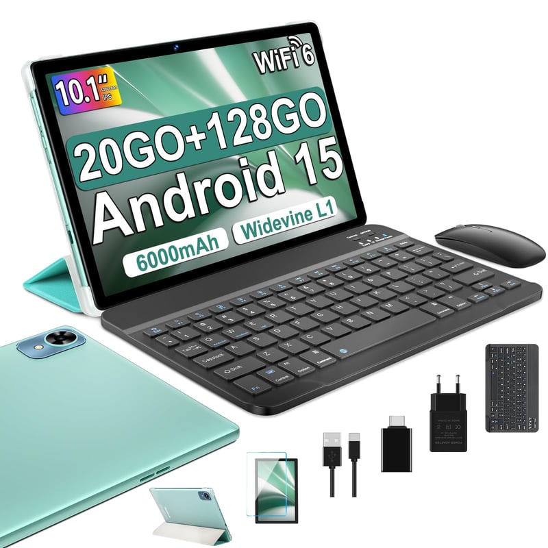 Tabletă Fezawio 2026 de 10 inchi, Android 15, Wi-Fi 5G, 6 GB RAM + 128 GB ROM, Octa-Core, 6000 mAh, cameră de 8 MP, Widevine L1, cu tastatură și mouse incluse