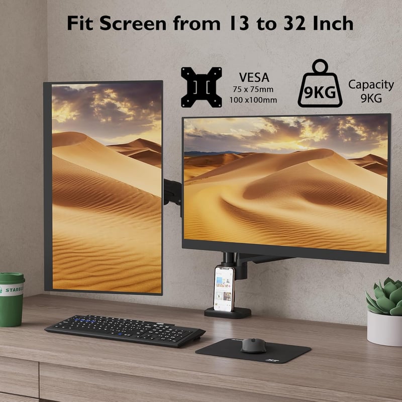 BONTEC Dupla Monitortartó Kar 13-32" LED/LCD Képernyőkhöz, Gázrugós, Kábelrendezővel