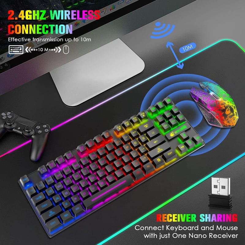 LexonElec Vezeték Nélküli Gaming Billentyűzet és Egér Szett, 87 Gombos RGB LED Háttérvilágítás, 3800mAh Akkumulátor, Fekete