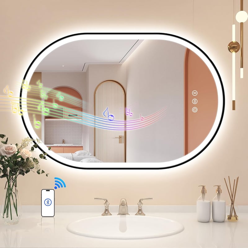 STARLEAD Ovális LED Fürdőszobai Tükör 90x60 cm - Bluetooth Hangszóróval, Fényerőszabályzással, 3 Színhőmérséklettel, Páramentesítővel, Feket