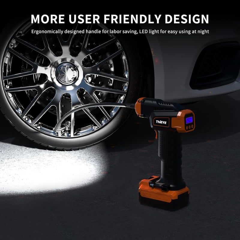 ThiEYE 20V akkus kompresszor, 150PSI, 10000mAh, autógumi fújó, LED-es