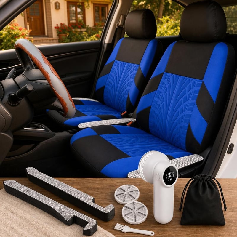 Pachet Interior Auto: husă volan + 2 huse scaune + 2 organizatoare + aparat scame LED