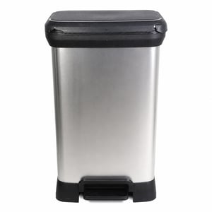 Coș de gunoi cu pedală Curver Deco Bin, 50 litri, aspect metalic gri, închidere silențioasă, 39x29x72 cm, pentru bucătărie — utilizat (capac crăpat)