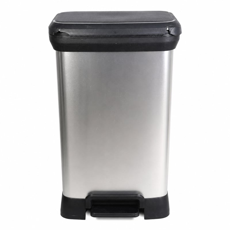 Coș de gunoi cu pedală Curver Deco Bin, 50 litri, aspect metalic gri, închidere silențioasă, 39x29x72 cm, pentru bucătărie — utilizat (capac crăpat)