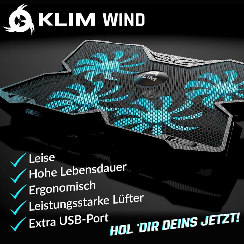 KLIM Wind Laptop Hűtőpad 4 Ventilátorral 1200 RPM USB Hűtés Cyan