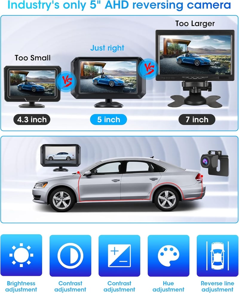Jansite 5" AHD 1080P Tolatókamera Monitorral - Kétféle Telepítési Mód, DIY Parkolási Vonal, IP68 Vízálló, 12V-24V Kompatibilis