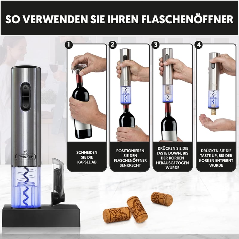 Twinz'up Elektromos Dugóhúzó Szett - Vezeték Nélküli Ezüst Bornyitó Fóliavágóval és Töltőállomással, Prémium Ajándékdobozban