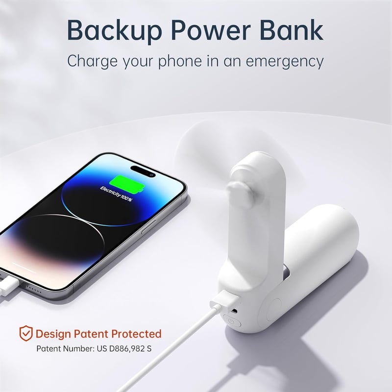 JISULIFE Összecsukható Kézi Ventilátor USB-s Töltéssel, Powerbank és LED Lámpa Funkcióval - Fehér
