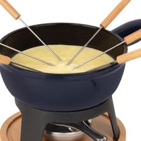 Mont JOUX Fondue készlet, 6 villával, kék öntöttvas edény, natúr fa talppal 5