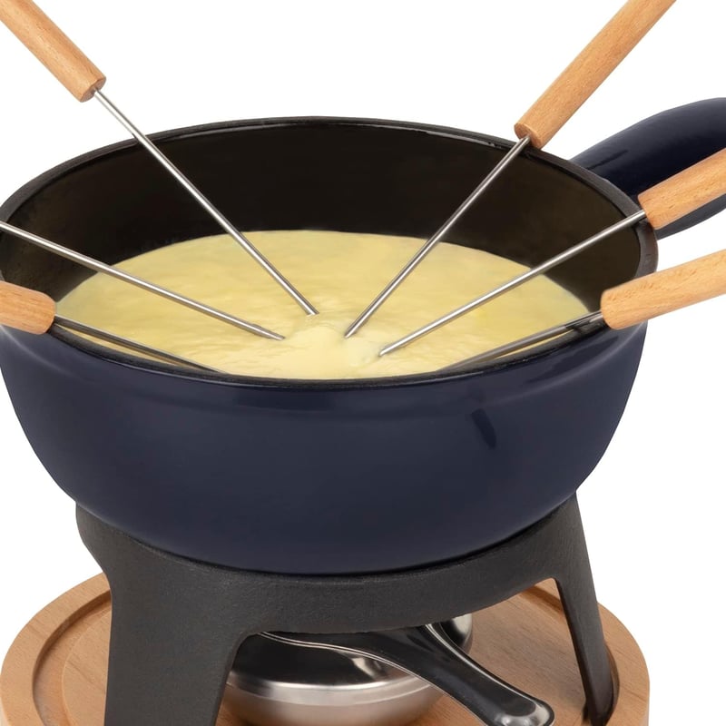 Mont JOUX Fondue készlet, 6 villával, kék öntöttvas edény, natúr fa talppal
