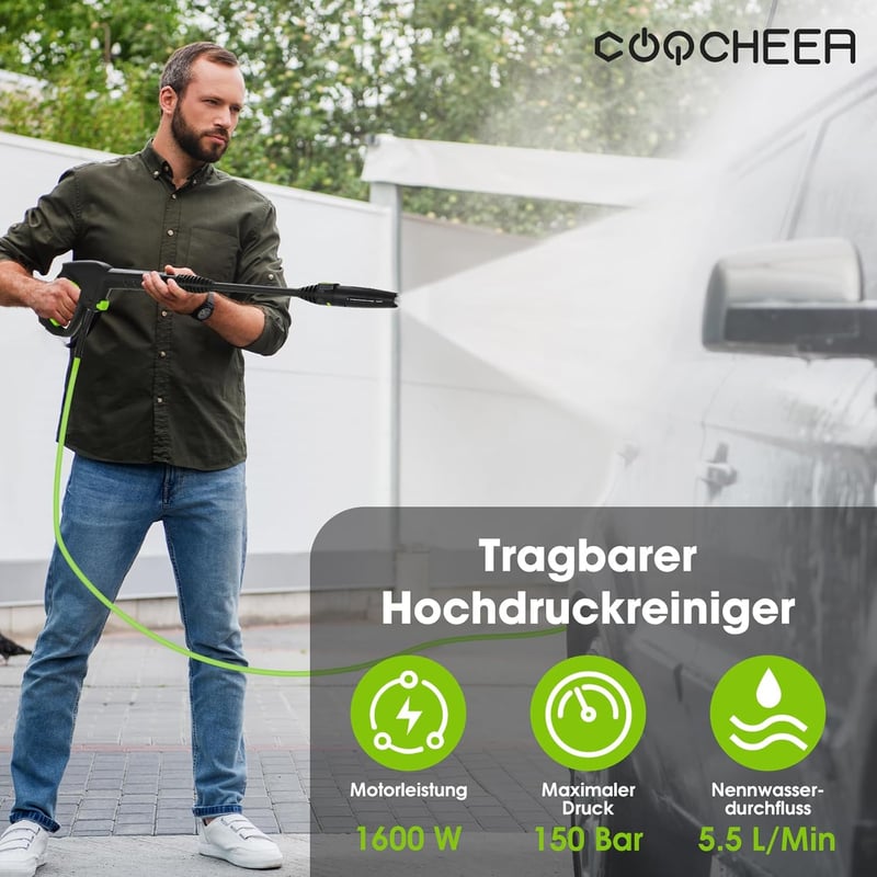 COOCHEER 1600W-os nagynyomású mosó, 150 bar, zöld - autó, kerítés, kert tisztításához