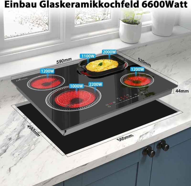 DELITEER Üvegkerámia Főzőlap 60 cm - 4 Zónás, 6600W, Érintőgombos Vezérlés, Flexibilis Dupla és Ovális Zónával, Beépíthető Kivitel