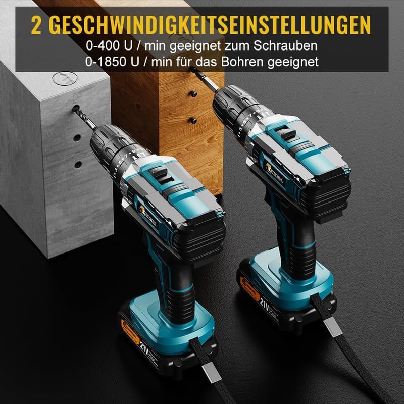 CONENTOOL 21V Akkus Fúró-Csavarozó Készlet, 45 Nm Nyomaték, 2 Sebességfokozat, 2x2000 mAh Akkumulátor, 30 Részes Tartozékkal