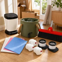 Set za useljenje: 10x filter za usisavač + sklopiva kanta + metla + 4x krpe + kanta za smeće 6l 1
