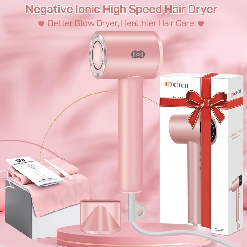 CIICII Ion Hajszárító 1600W - 120.000 RPM Kefe Nélküli Motor, 3 Sebesség, 4 Hőfokozat, HD Kijelző, Hordtáska, Gyorsszárítás Otthoni és Utazá