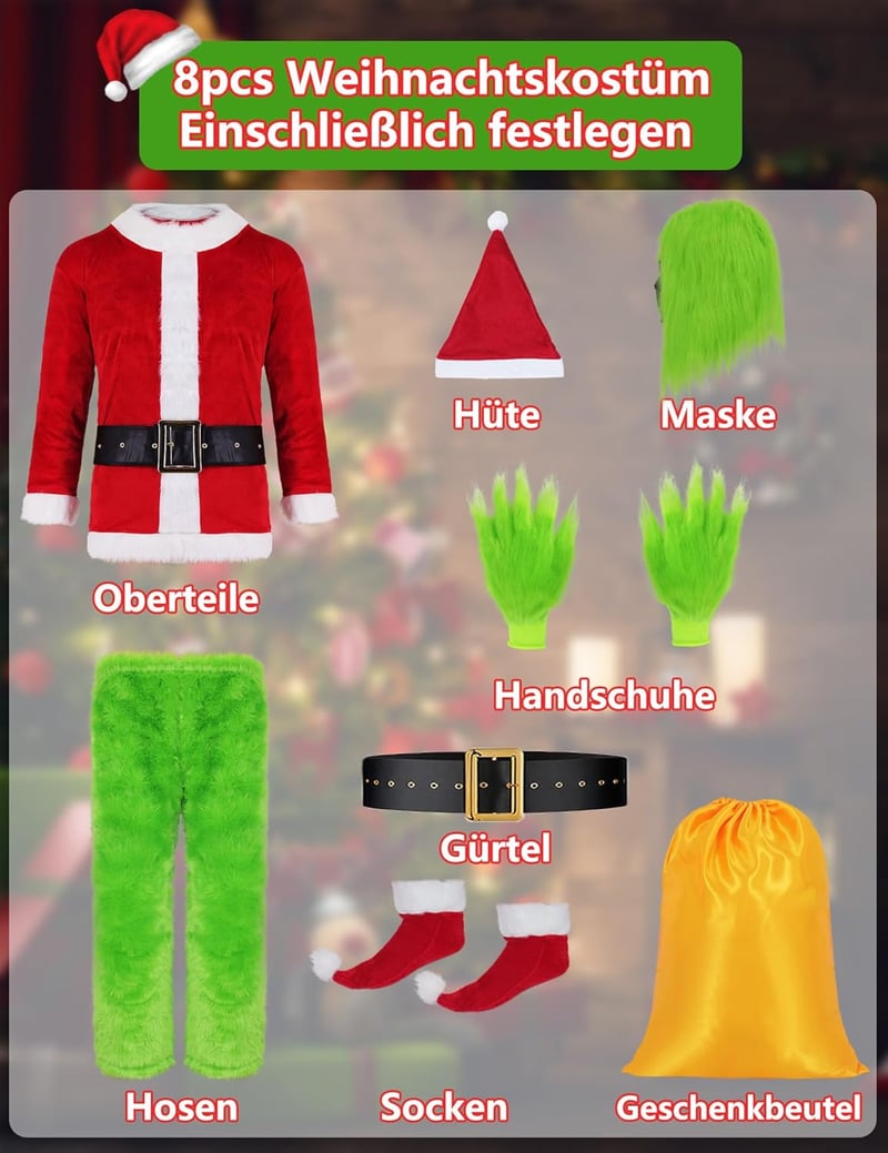 BootyBay Zöld Szörny Grincs Jelmez Felnőtteknek - Karácsonyi Mikulás Öltözet, Nagy Méretű Szőrös Kosztüm Halloween és Ünnepi Rendezvényekre