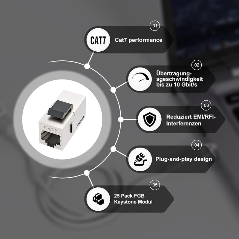 FGB Cat7 10Gbps RJ45 árnyékolt keystone modul 25db ezüst hálózati csatlakozó
