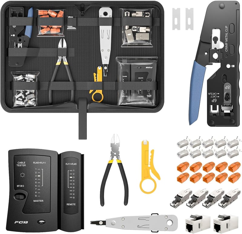 FGB Hálózati Szerszámkészlet RJ45 Sertésfog Cat7 Cat6 Cat5 Teszterrel