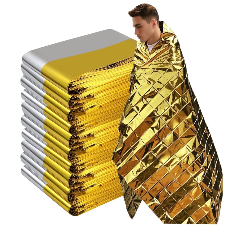 FHISKUNYU 10 kom. termo deka za hitne slučajeve – 210x160 cm PET deka za preživljavanje – vodootporna termo deka za planinarenje, kampiranje i prvu pomoć (zlatna/srebrna)