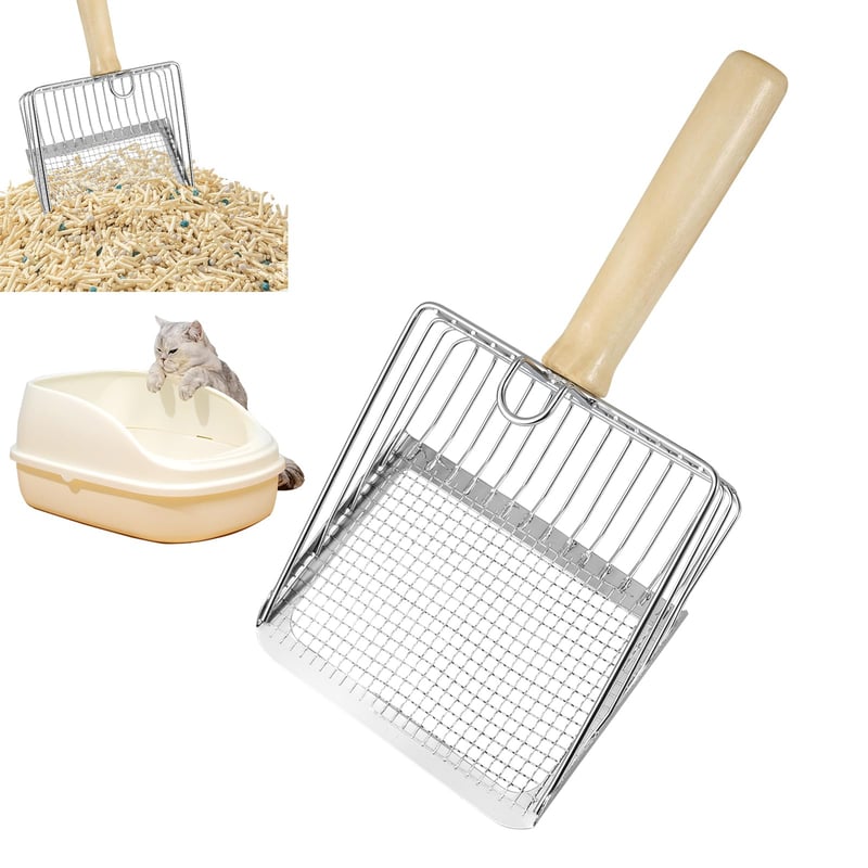 LOPATĂ din metal pentru litieră FHISKUNYU cu mâner din lemn, 27x13 cm, spațiere grilaj 0,7 mm, accesoriu pentru curățarea litierei cu mâner metalic