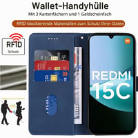 Husă tip carte FHSYCR pentru Xiaomi Redmi 15C 4G/5G cu folie din sticlă securizată, husă de protecție premium din piele PU cu suport magnetic pentru carduri și funcție de stand - Albastru 2