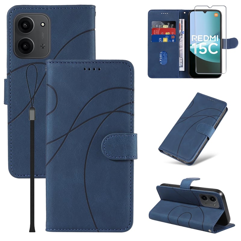 Husă tip carte FHSYCR pentru Xiaomi Redmi 15C 4G/5G cu folie din sticlă securizată, husă de protecție premium din piele PU cu suport magnetic pentru carduri și funcție de stand - Albastru