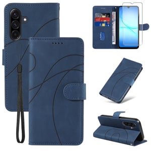 Husă tip carte FHSYCR pentru Samsung Galaxy A17 4G/5G și folie de protecție din sticlă securizată - Piele PU premium, suport magnetic pentru carduri, funcție de stand, albastru