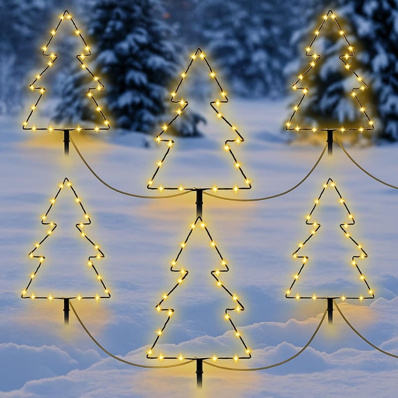 Fiada 6 db 25 cm LED karácsonyfa kerti dísz földbe szúrható talppal időzítő elemes világítással kültéri kert