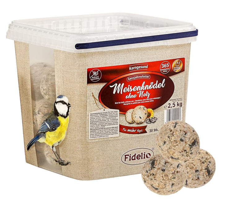 Fidelio kuglice od masti za ptice bez mrežice, cjelogodišnja hrana za divlje ptice, bogata proteinima i energijom, 30 komada u kanti, 2,5 kg