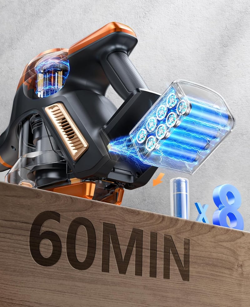 Fieety Vezeték Nélküli Porszívó 550W 45kPa - 60 Perces Üzemidő, LED Kijelző, Cserélhető Akkumulátor, Kanapé Kefe, Összecsomósodás-Gátló Kefe