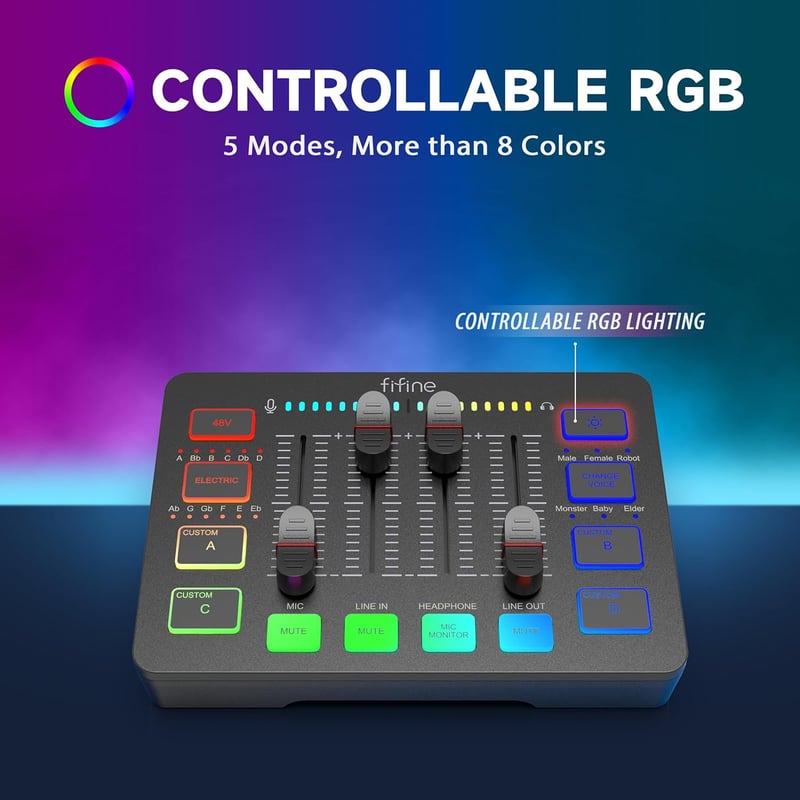 FIFINE Gaming Audio Mixer RGB XLR Mikrofon Interfész Podcast Streaming