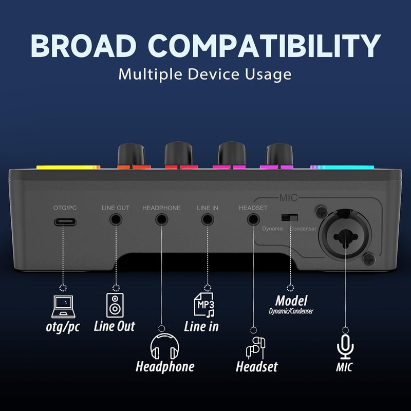 FIFINE Gaming Audio Mixer RGB XLR Mikrofon Interfész Podcast Streaming